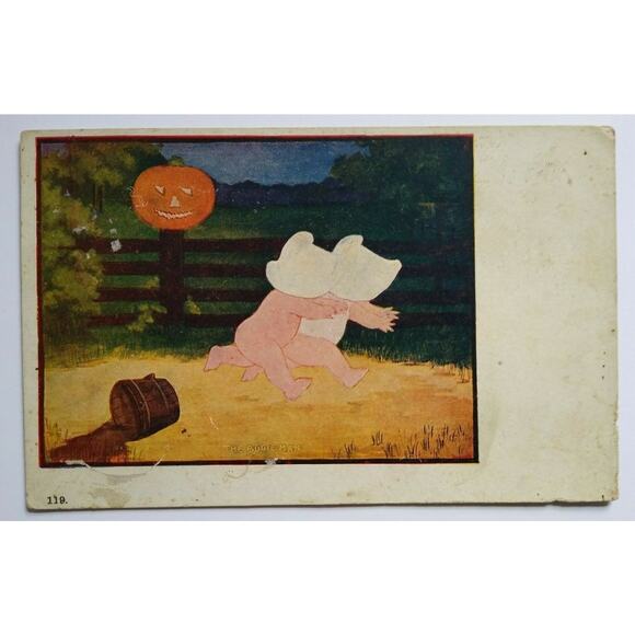 Halloween Postcard Children in Bonnets Run From Bogie Man JOL Pumpkin Series 119 - Picture 2 of 4